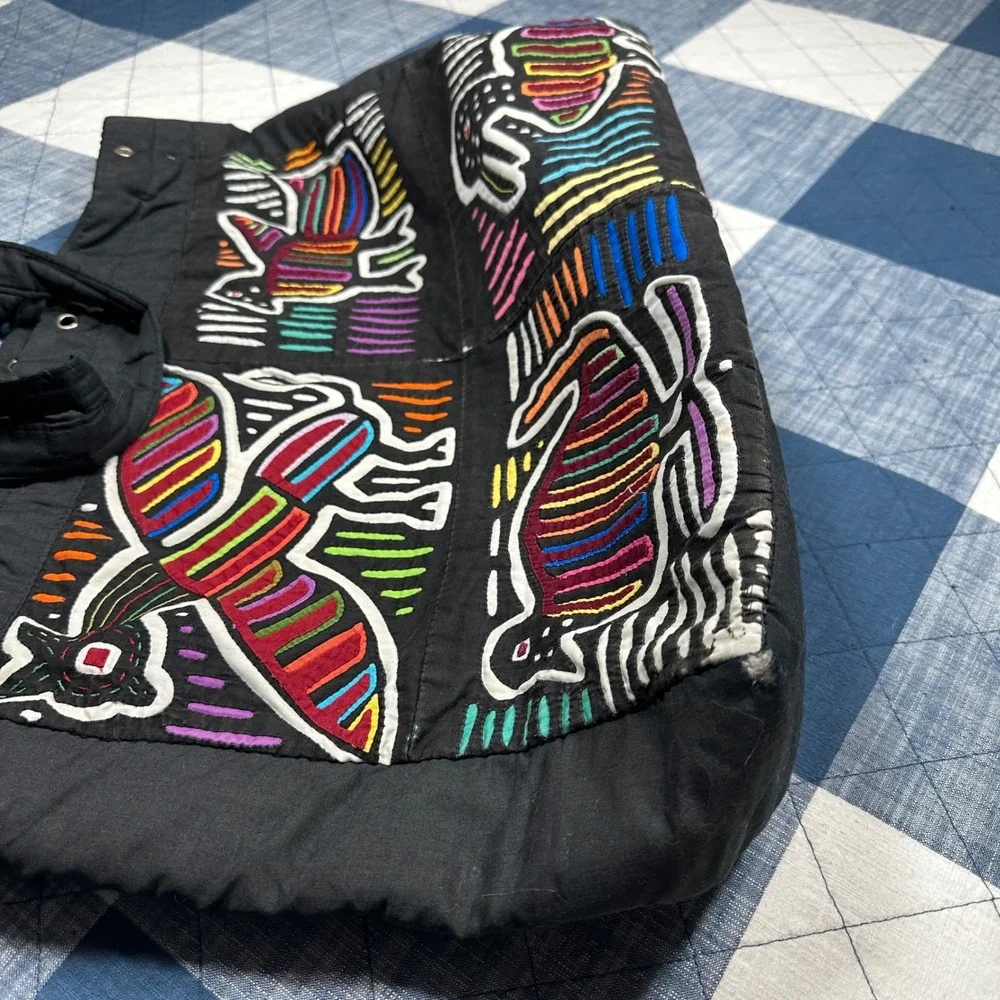 Vintage Mola Applique Tote Bag Handcrafted Folk Art Animal Bird Black Cotton